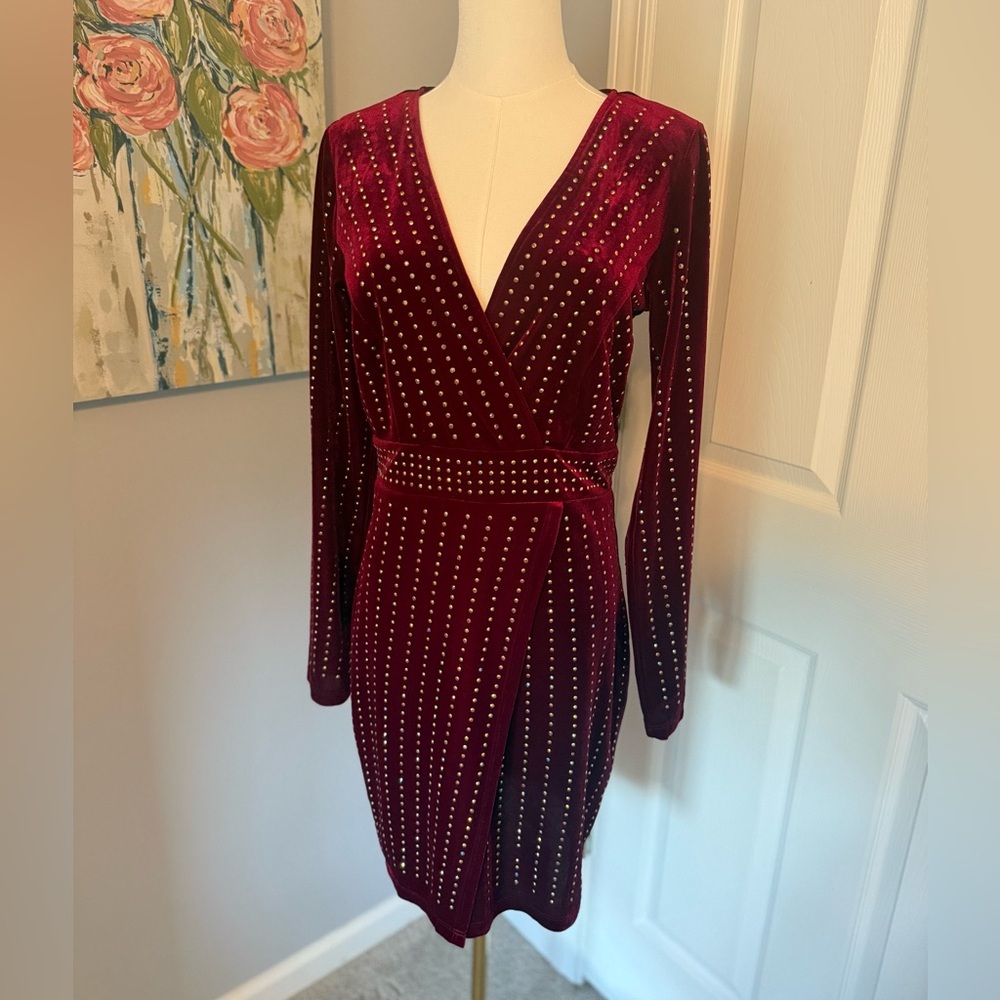 Velvet Burgundy Studded Wrap Dress - Size M